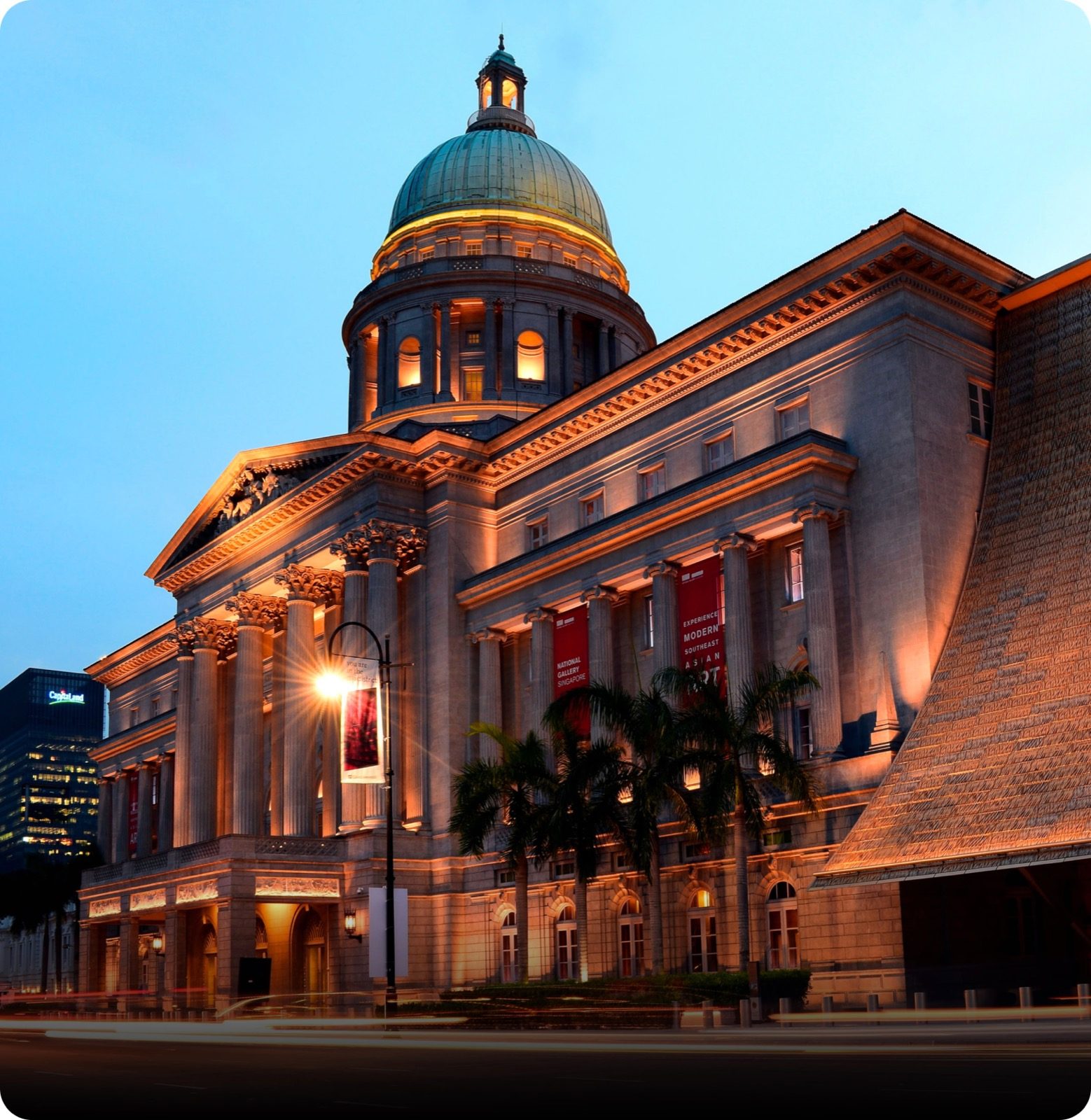A historic venue lit at dusk in Singapore